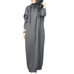 Женский Однотонный свитер в мусульманском стиле из плюшевой ткани с капюшоном и кулиской Свободный Повседневный свитер с карманами и длинными рукавами