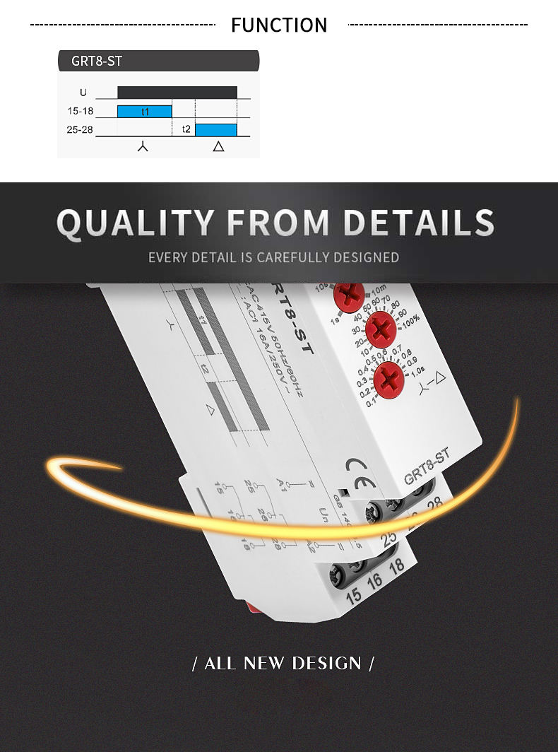 Relè Ritardo Relè Temporizzato GRT8-ST Per Avviamento Stella-Triangolo - AC 230V, Regolabile 0.1s-10min Interruttore Temporizzato AC230V