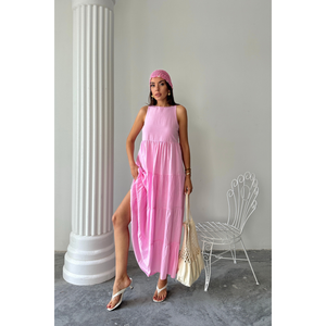 Robe longue en lin rose sans manches pour femme, style maxi décontracté, tenue d'été, taille S - Product Image 3