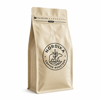 Sacs d'emballage de café beiges OEM avec valve et fermeture éclair, pochette à fond plat personnalisée imprimée pour grains torréfiés, sac de café à huit soudures latérales