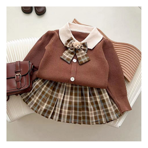 Ensembles de Vêtements pour Filles de 7-8 <span class=keywords><strong>Ans</strong></span>, 2 Pièces, Tenue d'Hiver, <span class=keywords><strong>Pull</strong></span> Tricoté, Jupes Mini Plissées à Carreaux, Style Coréen, Vente en Gros - Product Image 1