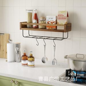 Wooden Wall Mounted Storage <b>Rack</b> With Hooks <b>Kitchen</b> Floating Spice <b>Rack</b> Retro Color Lacquered Finish Punch Free Installation - Product Image 1