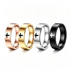 Anillo Plano Unisex de Acero Inoxidable con Cruz Grabada con Láser, Elegante y Versátil, Perfecto como Anillo de Pareja o <span class=keywords><strong>Regalo</strong></span> Navideño - Product Image 1