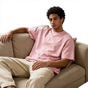 Camiseta de Manga Corta Rosa para Hombre, Corte Holgado, Informal, de Algodón, Cuello Redondo, Color Sólido, Diseño Liso, Deportiva, de Secado Rápido - Product Image 4