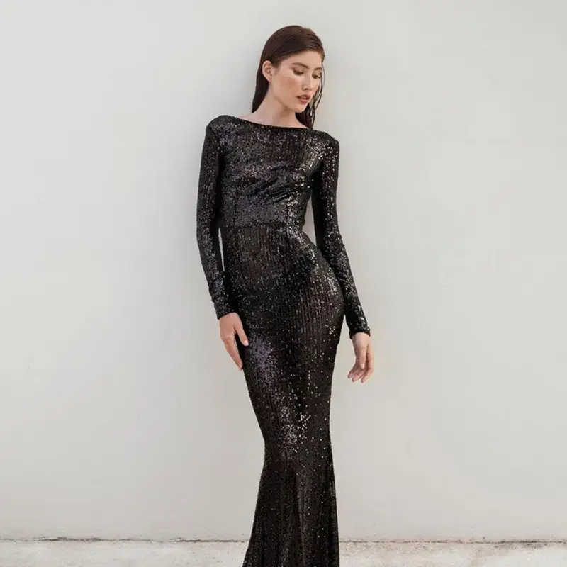 U-shaped Backless Sequin Perspect Women's Long Sleeve Party Dress Waterfall Prom Dresses Gowns Sexy Luxury Evening Dress