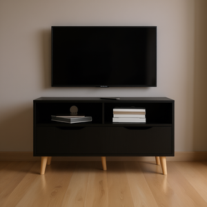 Meuble TV en bois d'ingénierie noir, design rectangulaire, style Mid-Century Modern, 2 tiroirs, 2 étagères, meuble de rangement pour salon - Product Image 2