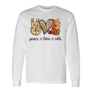 T-Shirt a Maniche Lunghe 'Peace Love Cats' con Design Gatto Tabby Arancione, Unisex, Stampa Digitale, Promozionale per Adulti - Product Image 1