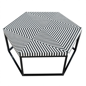 Handmade Bone Inlay Hexagon <b>Coffee</b> <b>Table</b> Black <b>White</b> Geometric Stripe Pattern Iron Base Modern Living Room Center Furniture - Product Image 1