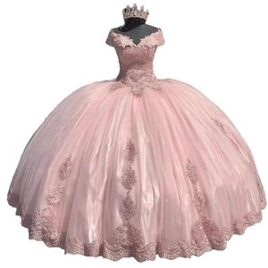 Pink Sweetheart Ball Gown Off Shoulder Applique Prom Dress Satin Empire Waistline Candy Color Princess Style - Product Image 5