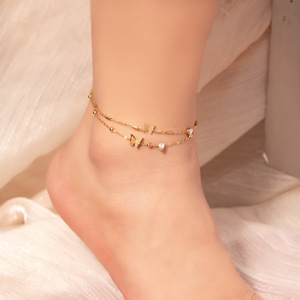 BOYI Bracelets <span class=keywords><strong>de</strong></span> <span class=keywords><strong>cheville</strong></span> fleur papillon double couche non terni pour femme en acier inoxydable - Product Image 4