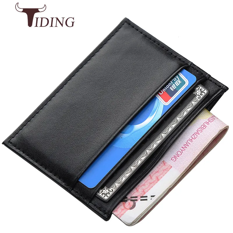 Tiding Brand Genuine Cowhide Leather Slim Credit Card Holder Cardholder Black Leather Card Holder