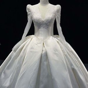 Hz005 Elegant Ivory Plunge Illusion Floral Lace Long Sleeve Puff Shoulder Satin Ball Gown <b>Wedding</b> Dress Jancember - Product Image 4
