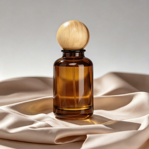 Botella de Perfume Redonda de Vidrio Ámbar de Lujo Vacía de 30 ml, 50 ml, 100 ml con Tapa de Bola de Madera - Product Image 1