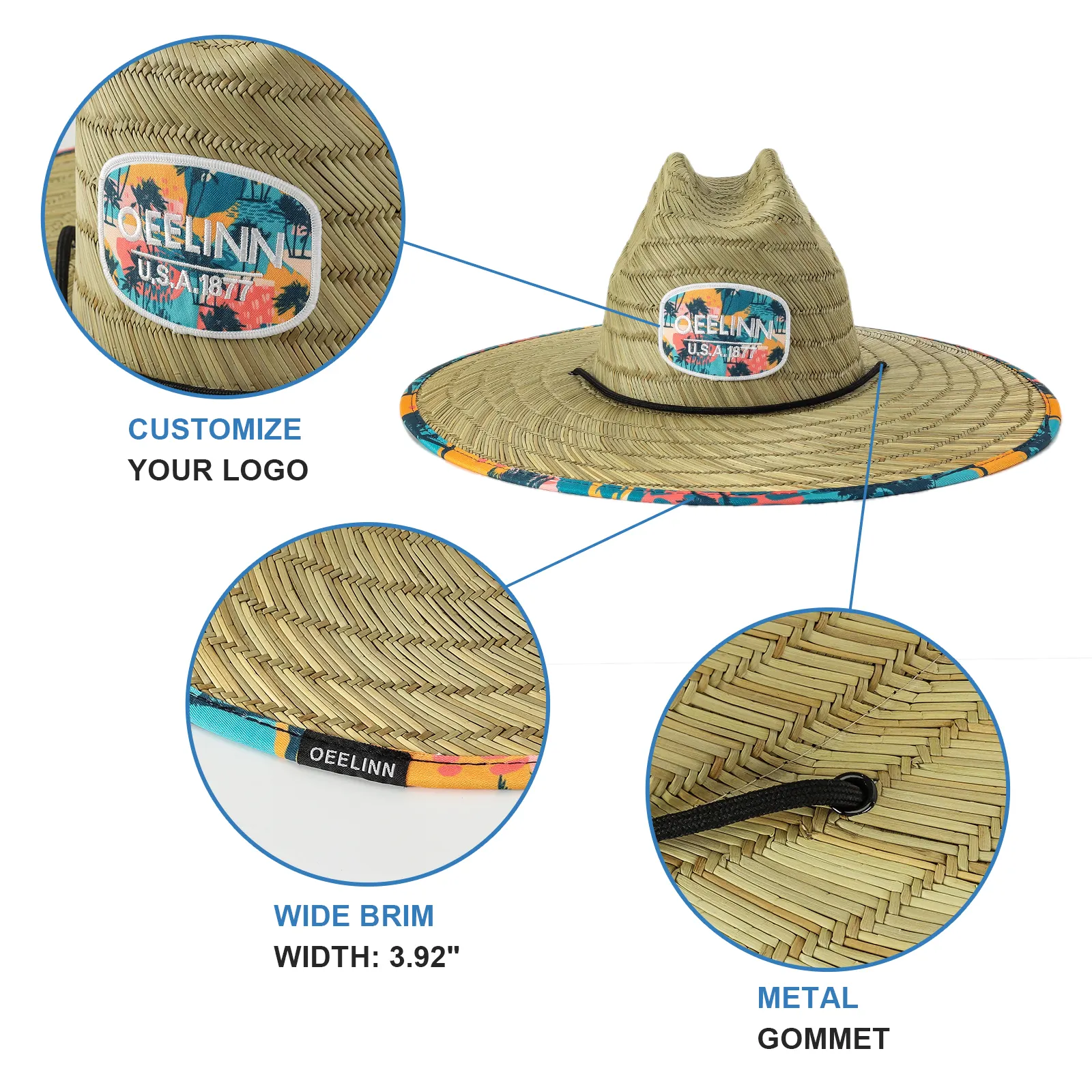 custom woven wide brim straw sun hat sun protection mens lifeguard straw hat