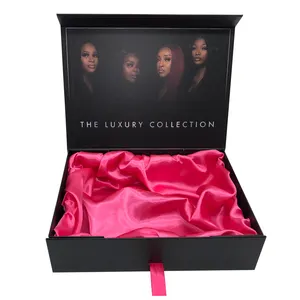 Custom Logo Luxury Ribbon Hair Extension Box Wig Packaging Magnetic Foldable Silk Satin Lined Gift Boxes