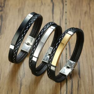 Luxury <b>Customized</b> Diy Nameplate Logo Men Braided Leather Bracelets Engraveable Black Women Mens Stainless Jewelry - Product Image 3
