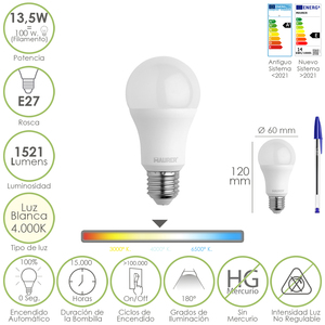 Lampadina LED standard, attacco a vite E27. 13,5 Watt. Equivalente a 100 Watt. 1521 Lumen. Bianco Neutro (4000K). - Product Image 1