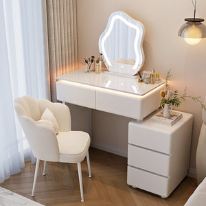Minimalist Cloud Style Makeup Vanity Combo, LED Edge Lighting Sintered Stone <strong>Top</strong> Dressing <strong>Desk</strong> Round Frilly Mirror 3 Tier <strong>Drawer</strong> - Product Image 1