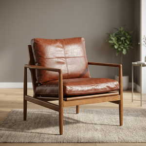 Sillón de Cuero Moderno de Mediados de Siglo con Estructura de Madera, Respaldo Sólido, Silla para Sala de Estar, Tapicería de Cuero Genuino Duradero - Product Image 3