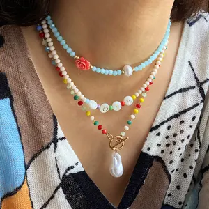 Neue Liebesbrief Blume Barock Perlenkette Anhänger Drei schicht ige Kristall perlenkette