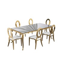 Ensemble table et chaises modernes en acier inoxydable doré, meubles de banquet rectangulaires en verre miroir pour hôtel et restaurant