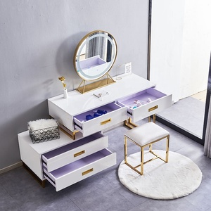 Modern Dressing <strong>Table</strong> Set with Round Mirror Luxury High <strong>Gloss</strong> <strong>White</strong> Wood Makeup Vanity <strong>Table</strong> - Product Image 5