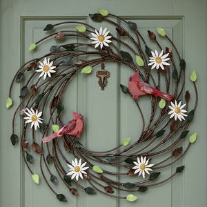 Corona de metal rústica con pájaros rojos y flores de margarita, decoración de pared hecha a mano, forma redonda, sin iluminación - Product Image 4