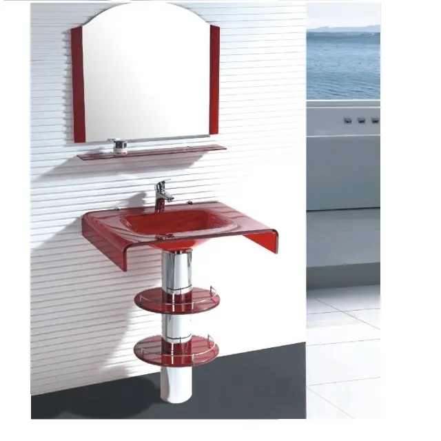 Hangzhou Venta caliente negro y rojo doble curva pedestal vidrio lavabo vanidad