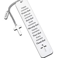 Marcapáginas de Barra de Acero Inoxidable Personalizado con Logotipo Grabado y Colgante de Cruz para Regalo Corporativo, Souvenir o Promoción