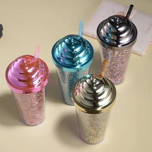 Double Layer Plastic Straw Cup Electroplated Snail Lid Sequin Cup Ice Cream Glitter Water Cup Party Use - Product Image 4