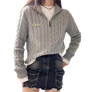 कढ़ाई वाले लोगो बुना हुआ आधा ज़िप मॉक गर्दन केबल बुना हुआ सेक्सी सेक्सी स्टाइल महिला स्वेटर - Product Image 6