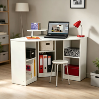 Table d'ordinateur d'angle 94 cm avec 3 niches réglables, base sur pied, capacité de charge 50 kg, idéale pour petite chambre ou bureau
