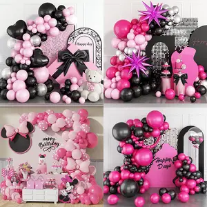 Set lengkungan balon lateks hitam merah muda gaya baru balon pesta perlengkapan lengkungan balon untuk balon Foil Selamat Ulang Tahun