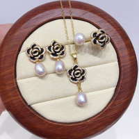 SHDIYAYUN Vente chaude Ensemble de bijoux de luxe en perles d'eau douce naturelles noires de camélia, boucles d'oreilles, collier, bagues