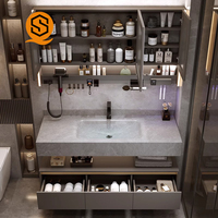 Armoire de salle de bain moderne personnalisée avec lavabo intégré Lavabo rectangulaire en céramique Combinaison de meuble de salle de bain avec miroir à LED