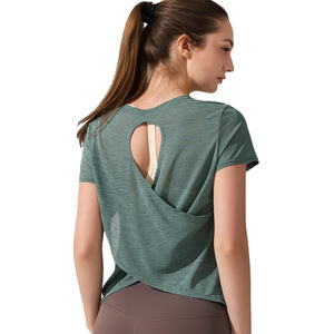 <span class=keywords><strong>T</strong></span>-shirt de yoga transfrontalier pour femme à manches courtes, léger, respirant, extensible dans les quatre sens, séchage rapide, dos ajouré, pour la danse - Product Image 1