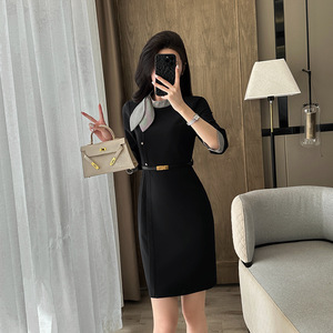 Women's Grey Midi Dress With <b>Belt</b> And Collar For Hotel <b>Work</b> Uniform Office Receptionist Flight Attendant Professional Attire - Product Image 3