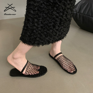 Señoras moda NewSummer mujeres Fishnet tejido hueco sandalias romanas plataforma cubierta plana cabeza media pantuflas sandalia zapatos planos - Product Image 5