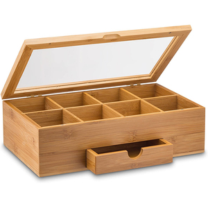 Tea Organizer Bamboo Tea Box with Small Drawer 100% Natural Bamboo Tea Chest - Great Gift Idea