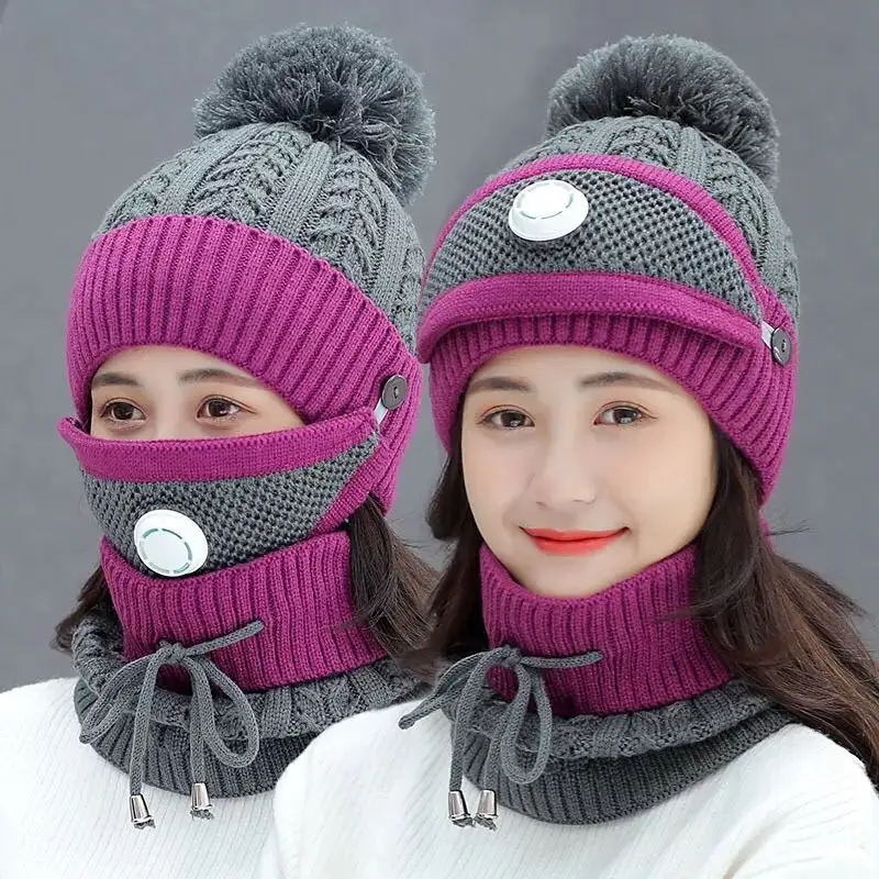 Winter Fleece gefüttert Frauen Mütze Strick mütze Schal Maske Set Mädchen Warme Mütze Ohren schützer Mütze mit Pom