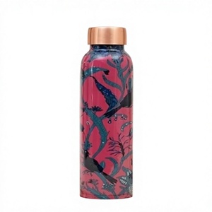Vibrant Pink Bird <b>Printed</b> Pure Copper Water Bottle Handcrafted <b>Botanical</b> Branch Patterned Copper Flask - Product Image 1