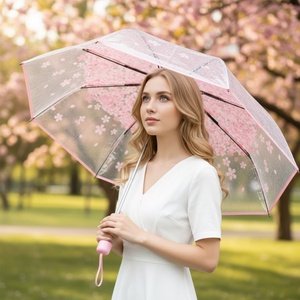 Cherry Blossom Girl Three-Folding PVC <b>Umbrella</b> 1pc Transparent Windproof Rainproof Portable Cute Flower Home Rain Gear SK Brand - Product Image 2