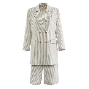 AIMEISI Nouveau Blazer et Short en Lin Rayé Élégant et Décontracté, <span class=keywords><strong>Ensemble</strong></span> de Deux Pièces à la Mode pour Femmes - Product Image 1