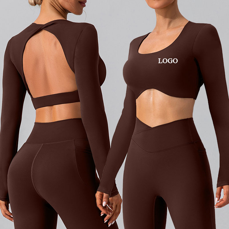 Custom Nylon Spandex Long Sleeve Sports Fitness Crop Tops High Stretchy Soft Breathable Backless Workout Yoga Crop Tops