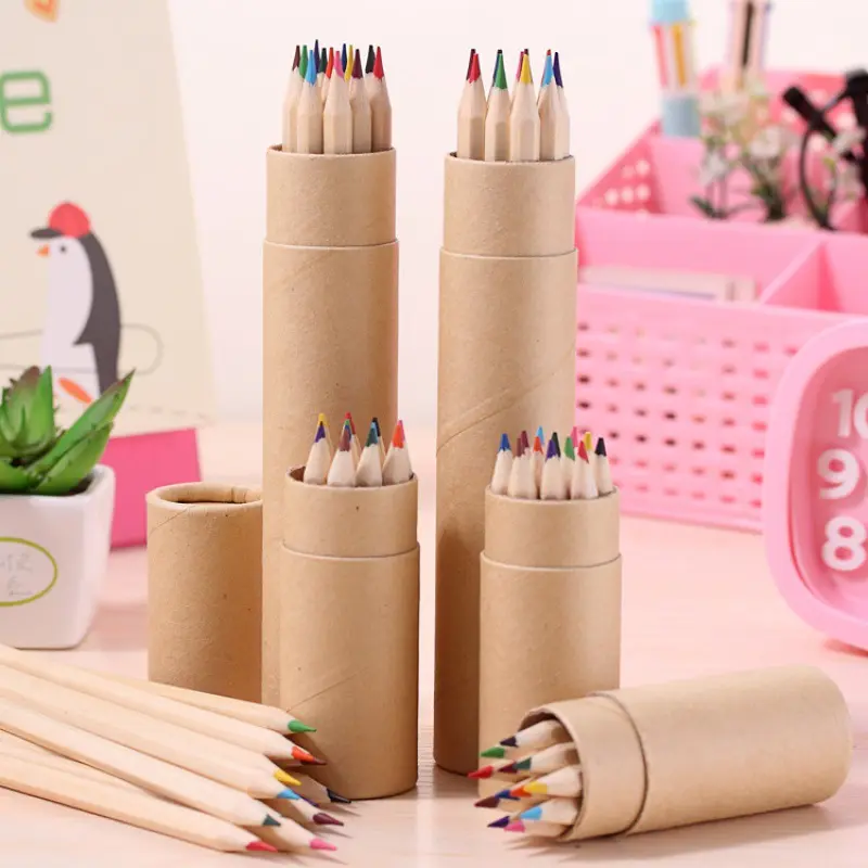 12 الألوان الطبيعية الخشب الملونة أقلام الملونة نوعية جيدة شعار مخصص على كرافت أنابيب من الورق طالب الرسم قلم رصاص
