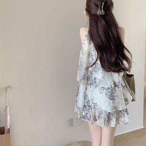 Robe d'été décontractée et élégante pour femme, en mousseline vintage, imprimé peinture à l'encre, col licou, sans manches, style jupe, tendance - Product Image 4