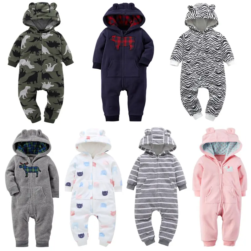 ecowalson Autumn Winter Newborn Cotton Cartoon Printed Baby Clothes Hooded Warm Long-sleeved Baby Rompers Baby Jumpsuit