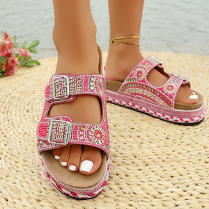 Sandales d'été en cuir à talon compensé et strass, style européen/américain, nouvelle collection 2025, grande taille, pour l'extérieur - Product Image 2