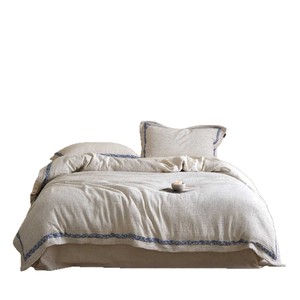 Set di Biancheria da Letto in Cotone e Lino Stile Antico, Colore Naturale, Jacquard Vegetale con Bordo Blu, Lenzuola di Lusso Delicate sulla Pelle - Product Image 6