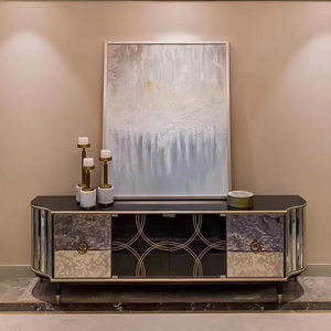 Unità di intrattenimento <span class=keywords><strong>in</strong></span> legno di lusso a 4 porte su misura mediorientale villa <span class=keywords><strong>TV</strong></span> supporto vetro specchio accenti Vintage retrò <span class=keywords><strong>TV</strong></span> - Product Image 3